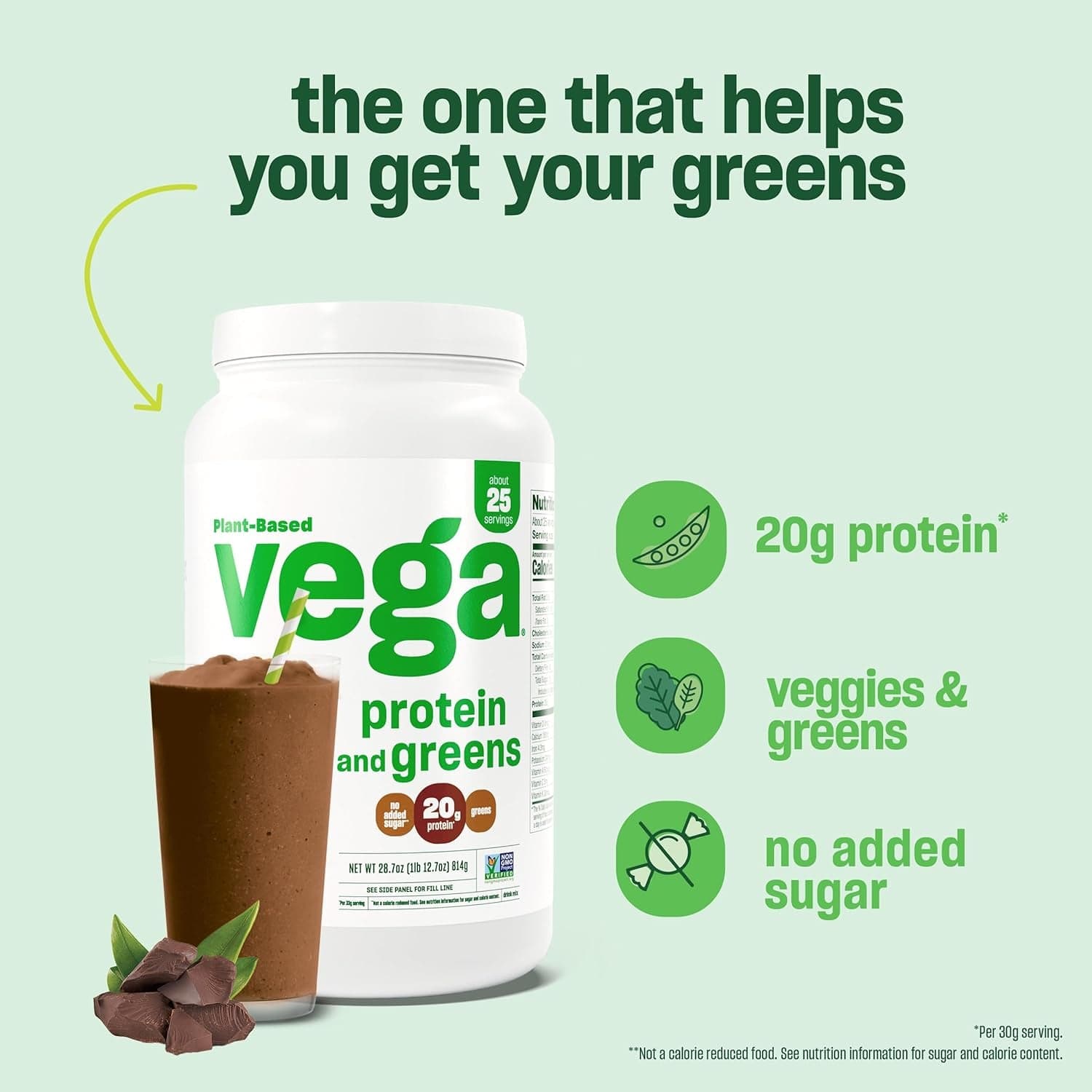 Vega Protein and Greens Protein Powder, Chocolate - 20G Plant Based Protein plus Veggies, Vegan, Non GMO, Pea Protein for Women and Men, 1.2 Lbs (Packaging May Vary)