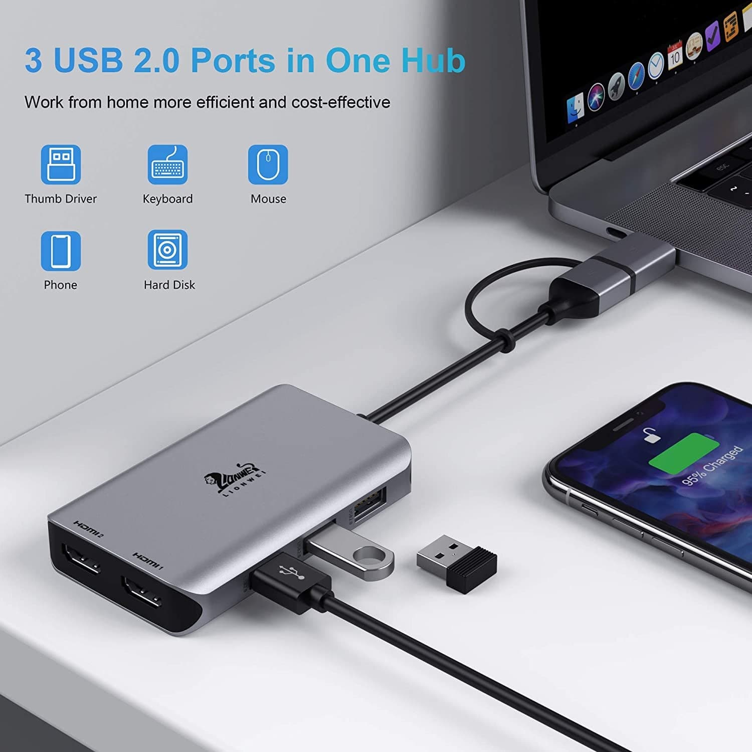 LIONWEI USB 3.0 to Dual HDMI Docking Station for Windows & Macos, USB C Adapter 2 Monitor Splitter for Macbook Pro/Air/M1/M2/Dell/Hp/Lenovo/Surface