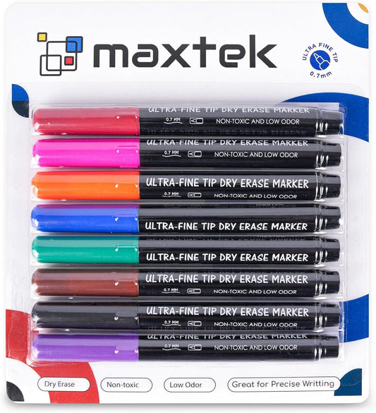 Maxtek Dry Erase Markers Ultra Fine Tip, Assorted Colors, Low Odor, School Supplies Classroom Take Note Dry Erase Markers, 8 Counts