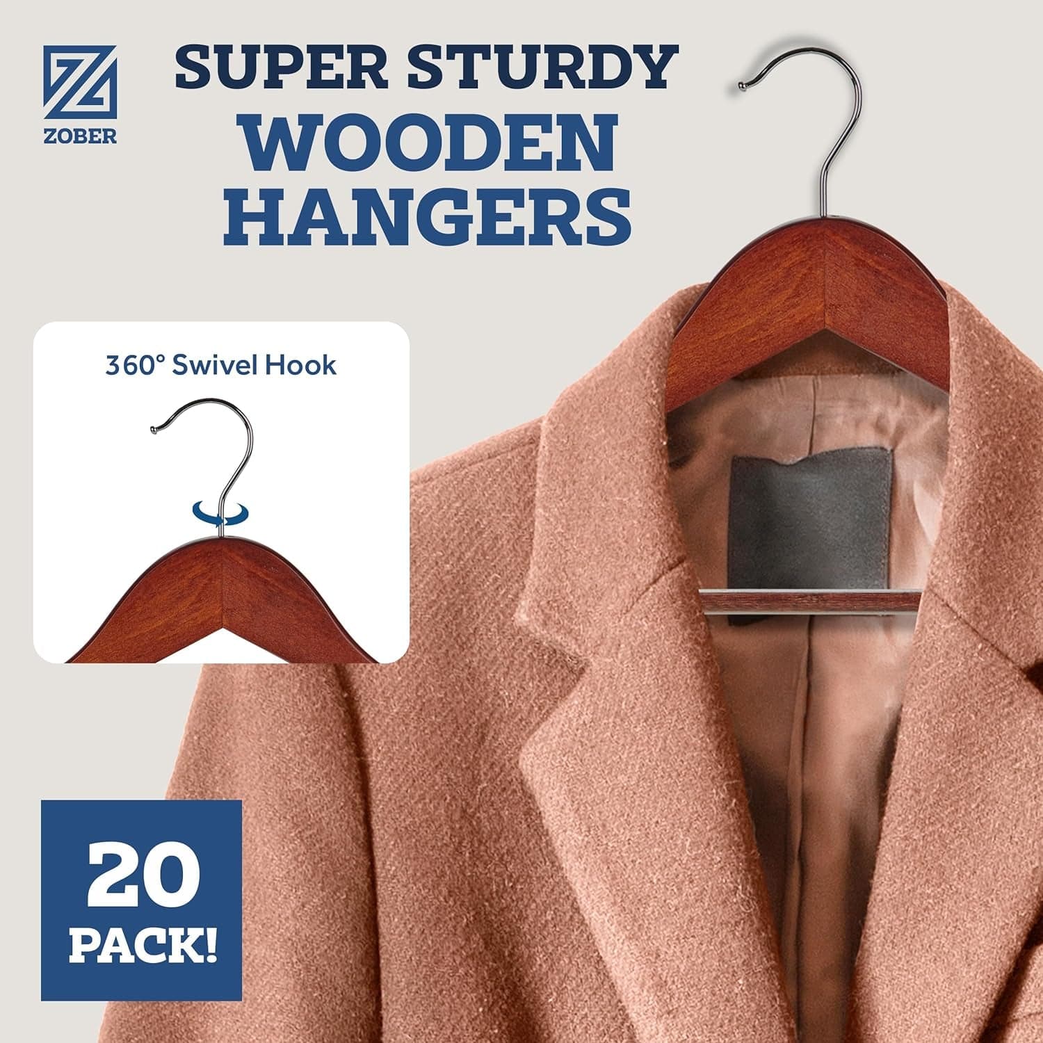 ZOBER Wooden Hangers - 20 Pack, Heavy Duty, Non Slip Wood Hangers for Coats, Jackets, Suits, & Pants - Clothes Hangers for Closet W/ Bar and Notches