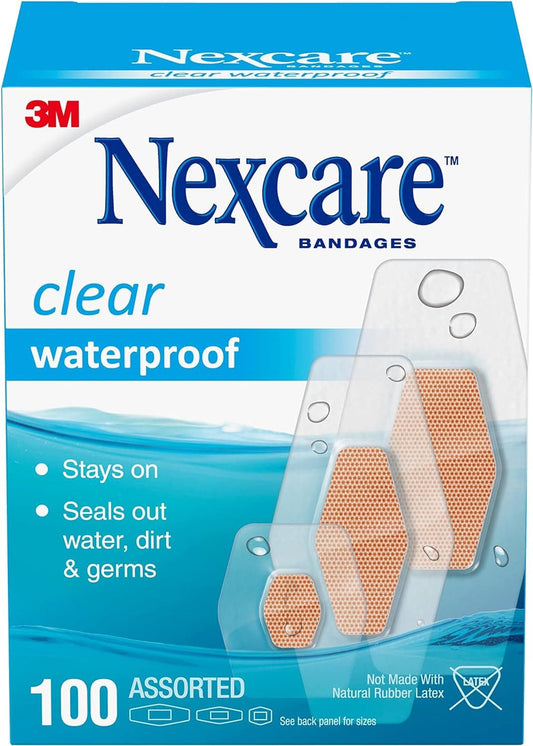 Nexcare Waterproof Bandages, Stays on in the Pool, Holds for 12 Hours, Clear Bandages for Fingers and Elbows - 100 Pack Waterproof Bandages