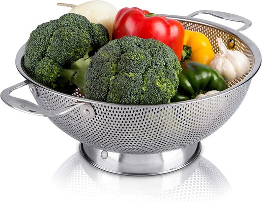 Stainless Steel Micro-Perforated 5-Quart Colander - Professional Strainer with Heavy Duty Handles and Self-Draining Solid Ring Base - Dishwasher Safe