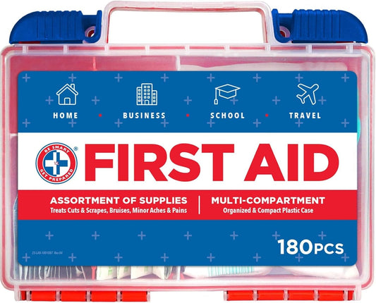 Be Smart Get Prepared 180 Piece First Aid Kit: Clean, Treat, Protect Minor Cuts, Scrapes. Home, Office, Car, School, Business, Travel, Emergency, Survival, Hunting, Outdoor, Camping & Sports, FSA HSA