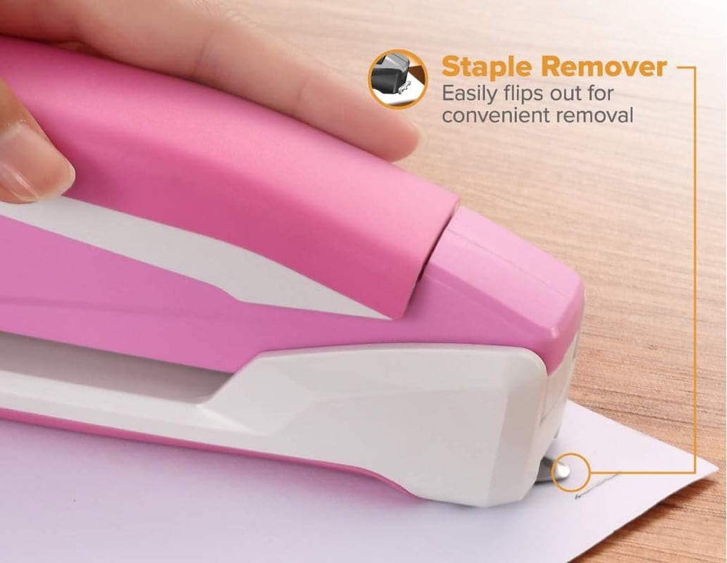 Bostitch Office Inpower Spring-Powered Desktop Stapler, 20 Sheet Capacity, One Finger Stapling, Includes 210 Staples, Jam Free, Opens for Tacking, Breast Cancer Awareness Pink