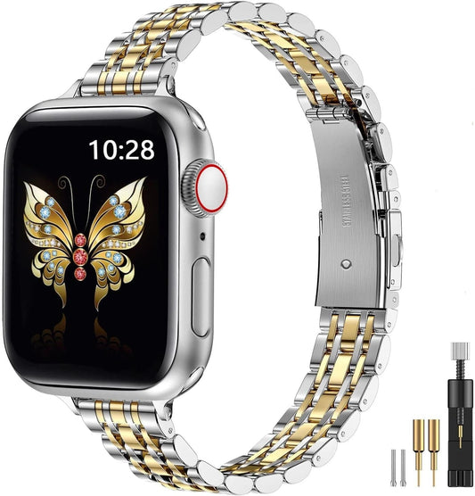 Miohhr Slim Metal Band Compatible with Apple Watch Band 41Mm 40Mm 38,Mm,Dressy Stainless Steel Chain Strap for Women Iwatch Bands Series 9 8 7 6 5 4 3 2 1 Se,Silver/Gold