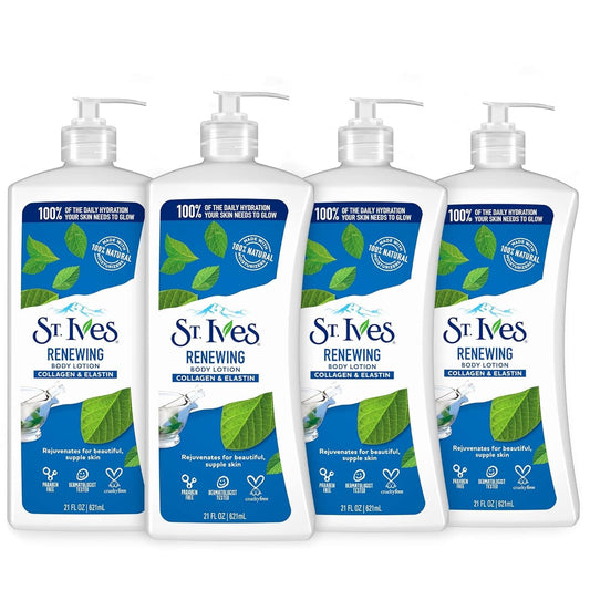 St. Ives Renewing Hand & Body Lotion for Women with Pump, Daily Moisturizer Collagen Elastin for Dry Skin, Made with 100% Natural Moisturizers, 21 Fl Oz, 4 Pack