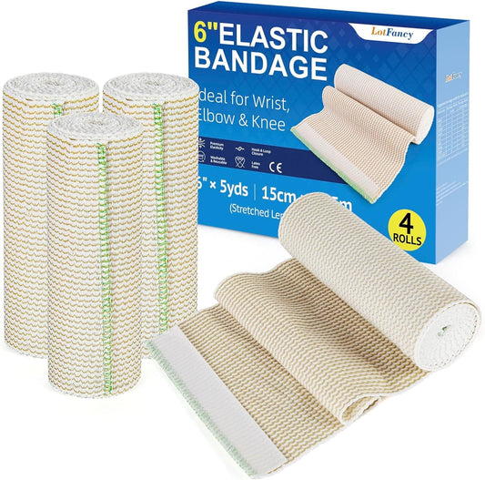 Lotfancy Elastic Bandage Wrap, (6" Wide X 15 Feet), 4 Pack Cotton Compression Bandages with Self-Closure on Both Ends, Support & First Aid for Sports, Medical, Injury Recovery