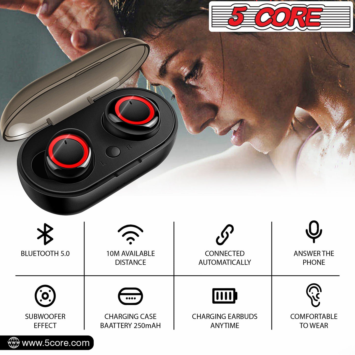 5 Core Wireless Ear Buds Mini Bluetooth Earbud Noise Cancelling