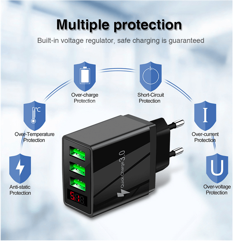 3-Port USB Quick Wall Charger with LED Voltage Display - Safe & Fast