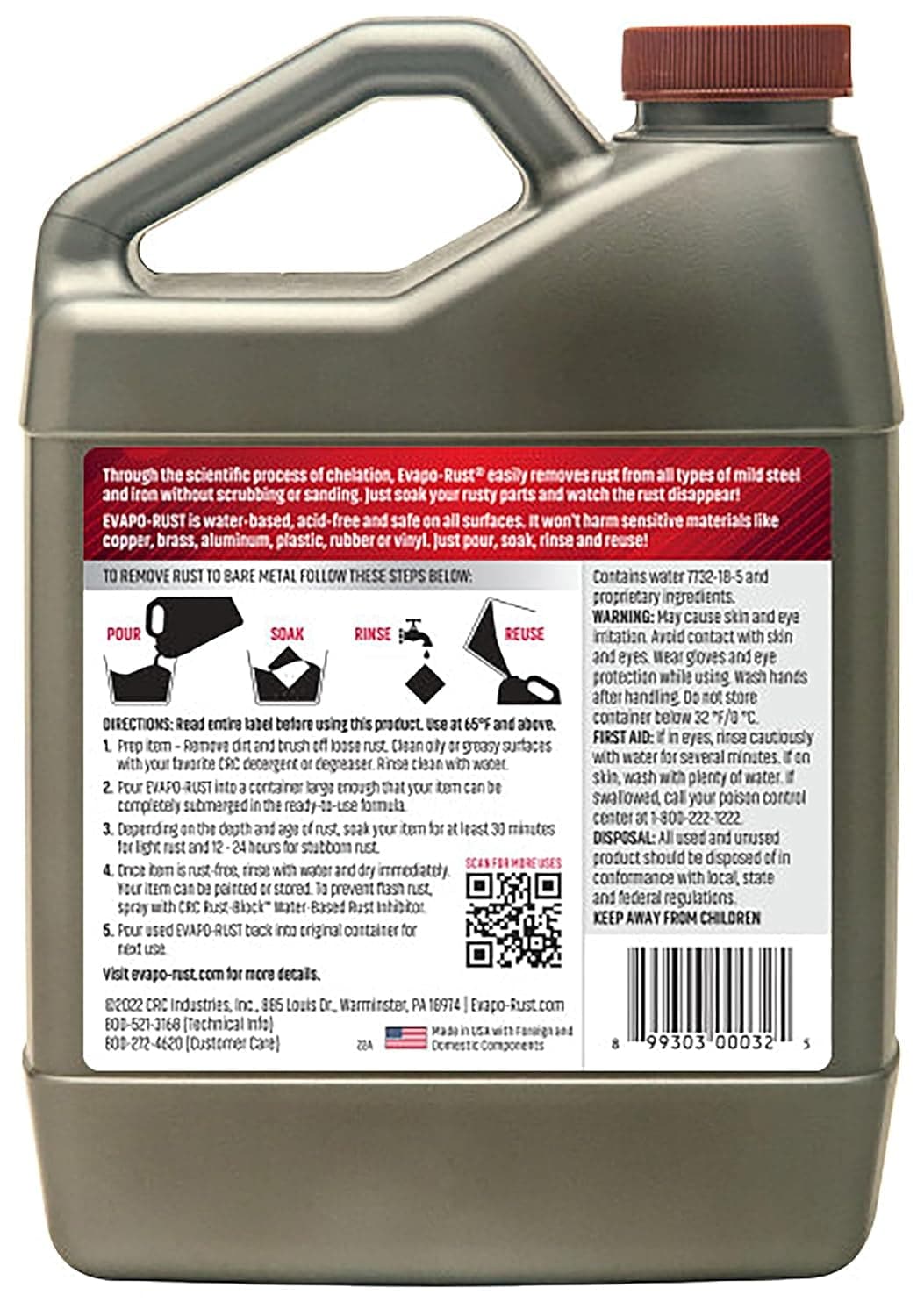 CRC Evapo-Rust, Heavy-Duty Rust Remover, Reusable, Acid-Free, Non-Corrosive, Water-Based, 32 Oz, Removes Rust to Bare Metal