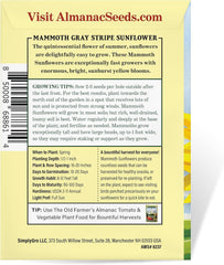 The Old Farmer'S Almanac Sunflower Seeds (Mammoth Gray Stripe) - Approx 80 Flower Seeds - Premium Non-Gmo, Open Pollinated, USA Origin