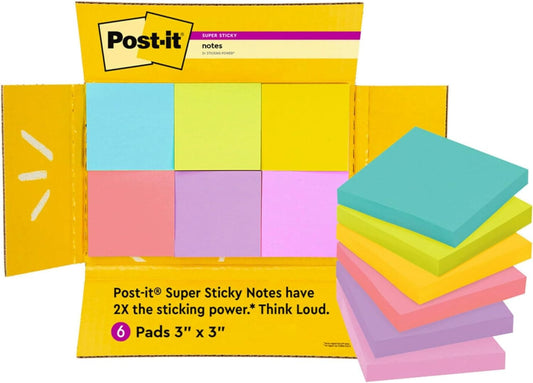 Post-It Super Sticky Notes, 3X3 In, 6 Pads/Pack, 90 Sheets/Pad, Amazon Exclusive Bright Color Collection, Aqua Splash, Acid Lime, Tropical Pink, Sunnyside, Guava and Iris Infusion