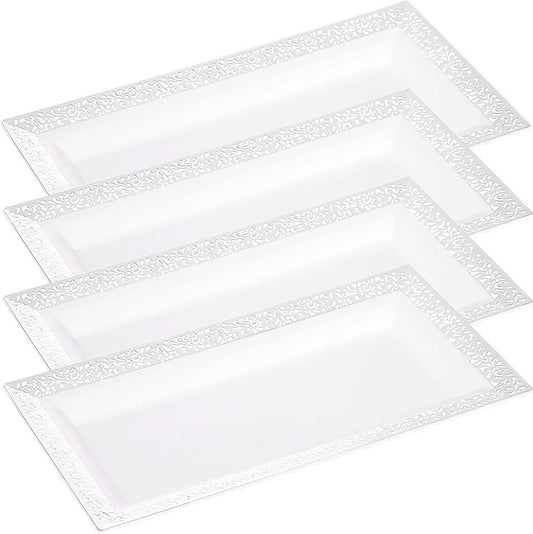 Plastic Serving Tray & Platter Set (4-Pack) White Lace Disposable Party Trays & Platters for Food - Versatile for Appetizers and Ideal for Weddings, 14" X 7.5" Platters for Serving Food