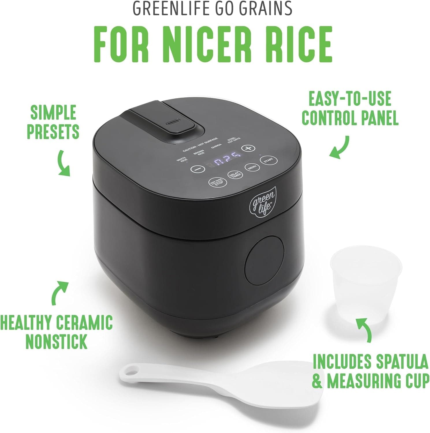 Greenlife Pfas-Free, 4-Cup Rice Oats and Grains Cooker, Healthy Ceramic Nonstick, Easy to Use Automatic Presets, Dishwasher Safe Parts, Black