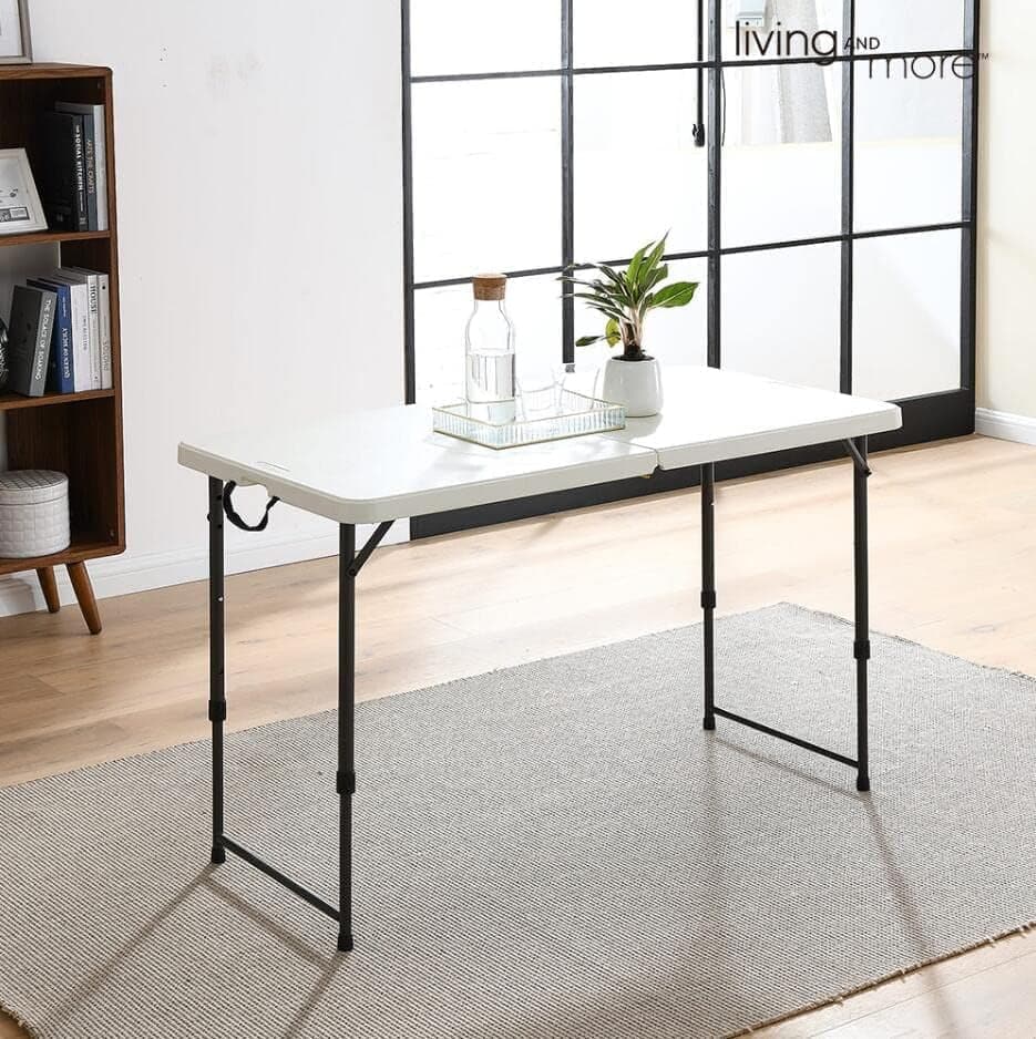 4 Foot Height Adjustable Fold - In - Half Table with Carrying Handle, Easy Folding and Storage, Indoor Outdoor Use, White, 4Ft_Straight Legs - Camel Supplies