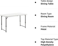 4 Foot Height Adjustable Fold - In - Half Table with Carrying Handle, Easy Folding and Storage, Indoor Outdoor Use, White, 4Ft_Straight Legs - Camel Supplies