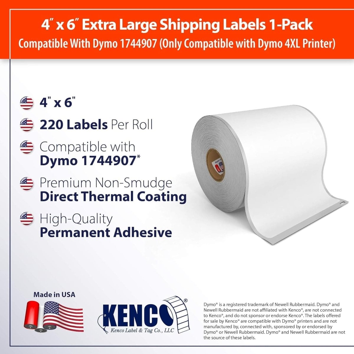 4" X 6" Compatible with Dymo® 4XL Postage Shipping Labels, Compatible with Dymo® 1744907 (1 Roll - 220 Labels per Roll) (1 Pack) - Camel Supplies