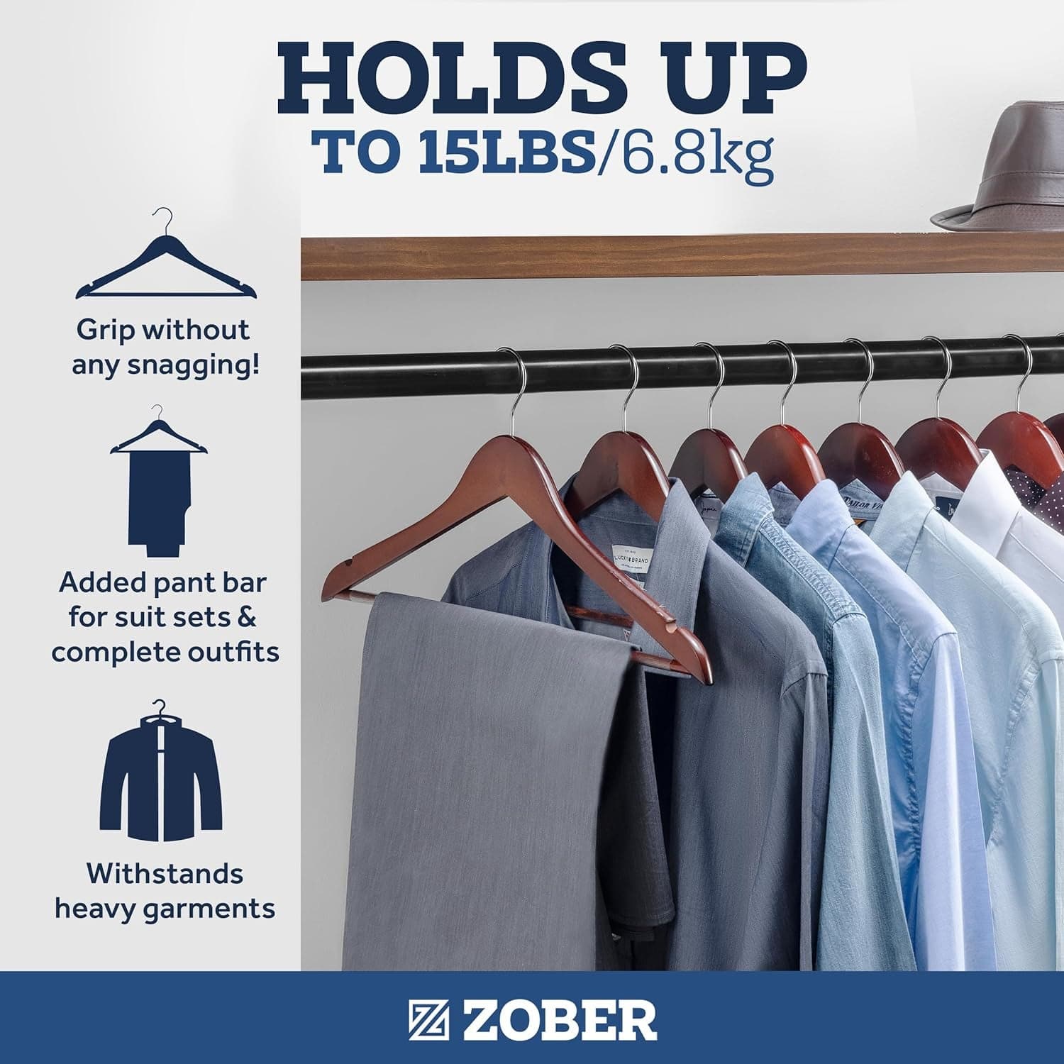 ZOBER Wooden Hangers - 20 Pack, Heavy Duty, Non Slip Wood Hangers for Coats, Jackets, Suits, & Pants - Clothes Hangers for Closet W/ Bar and Notches