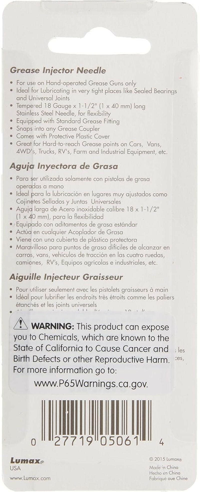 LUMAX LX-1416 Silver 18G 1-1/2" Long Stainless Steel Grease Injector Needle with Cap. Ideal for Lubricating in Very Tight Places like Sealed Bearings and Universal Joints.