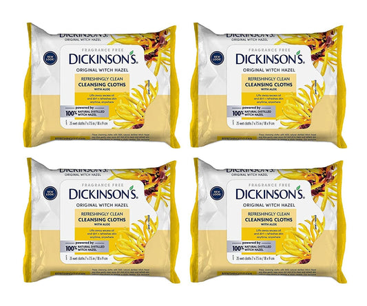 Dickinson'S Original Witch Hazel Refreshingly Clean Cleansing Cloths with Aloe, 4 Pack, 25 Cloths per Pack