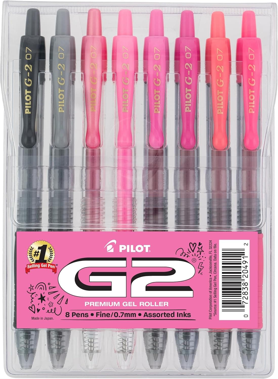 Pilot, G2 Premium Gel Roller Pens, 8 Pack Pouch, Fine Point 0.7 Mm, Assorted Pink, Positivity Pack