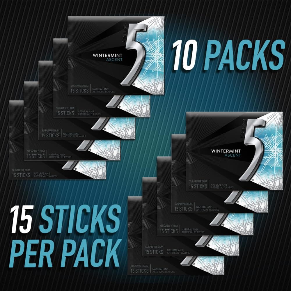 5 GUM Wintergreen Ascent Sugar Free Chewing Gum Bulk, 15 Stick Box (Pack of 10) - Camel Supplies