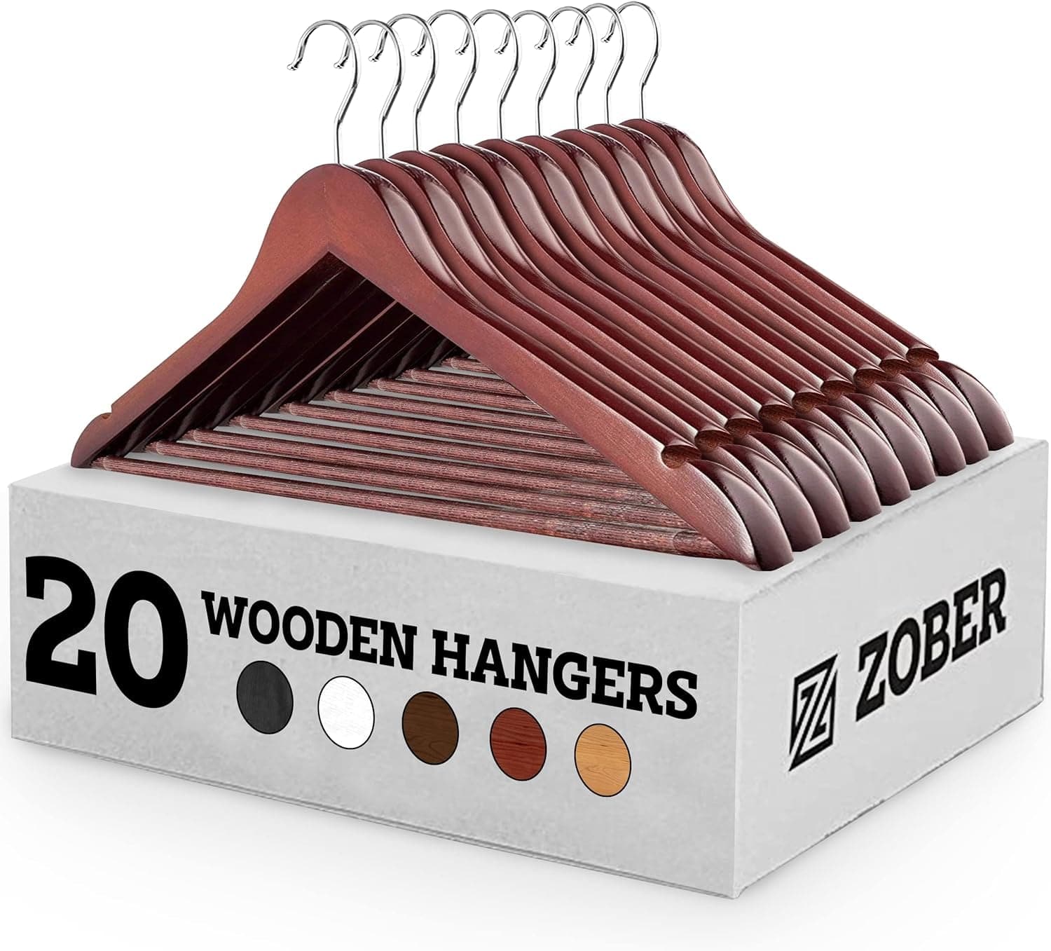 ZOBER Wooden Hangers - 20 Pack, Heavy Duty, Non Slip Wood Hangers for Coats, Jackets, Suits, & Pants - Clothes Hangers for Closet W/ Bar and Notches