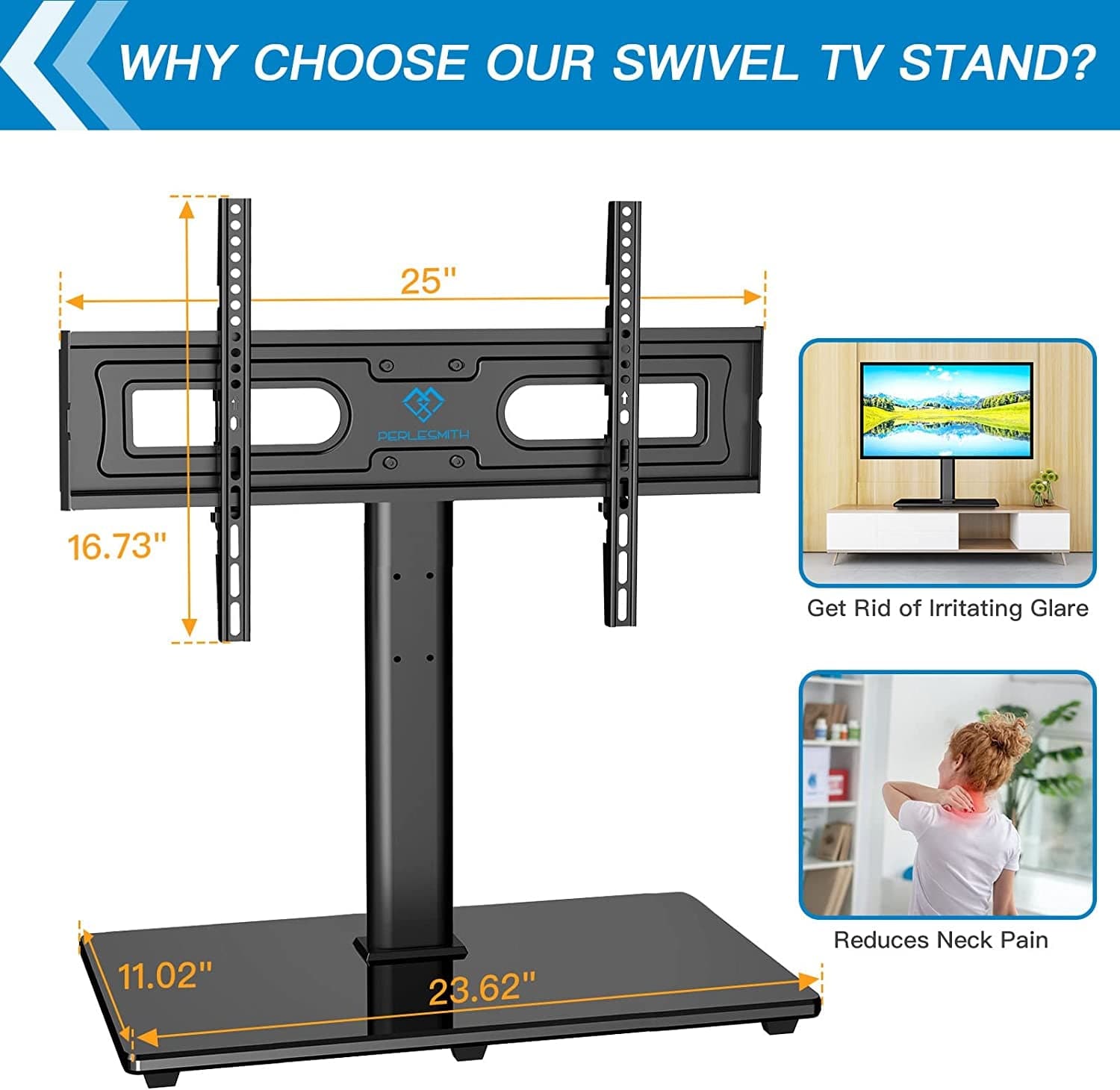 PERLESMITH Swivel Universal TV Stand Mount for 32-80 Inch LCD OLED Flat/Curved Screen Tvs up to 99Lbs-Height Adjustable Table Top TV Stand/Base with Tempered Glass Base&Wire Management,Vesa 600X400Mm