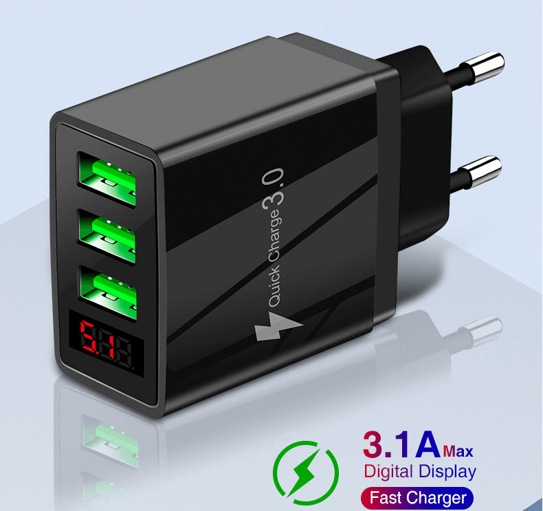 3-Port USB Quick Wall Charger with LED Voltage Display - Safe & Fast