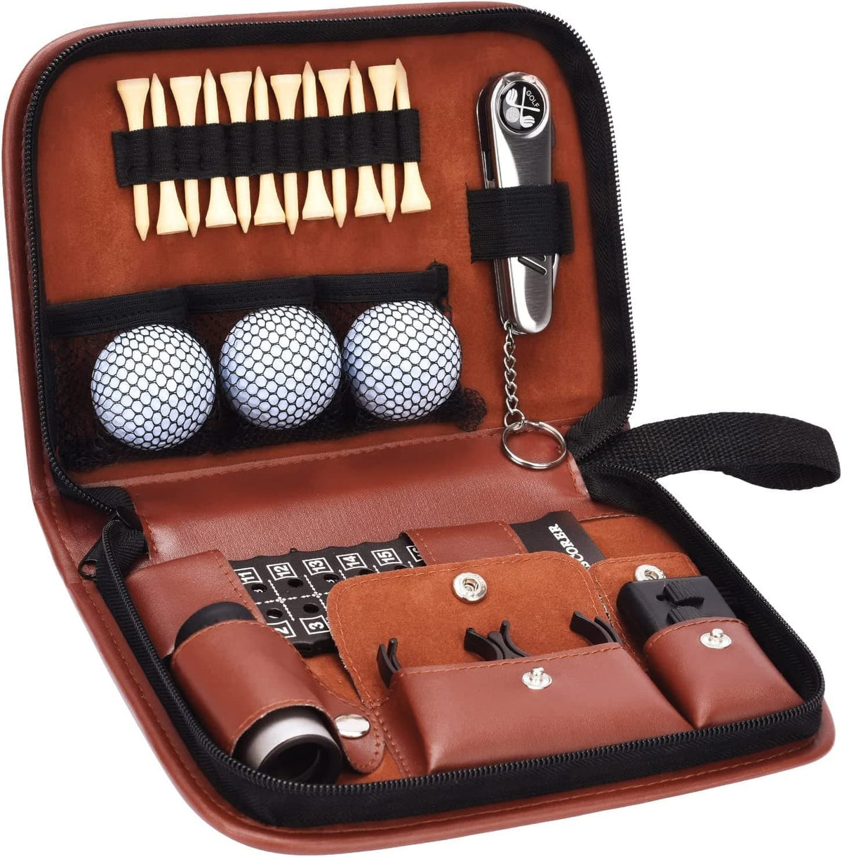 Golf Gifts for Men and Women, Golf Accessories Set with Hi-End Case, Golf Balls, Rangefinder, Golf Tees, Brush, Multifunctional Divot Knife, Scorer, Golf Ball Clamp