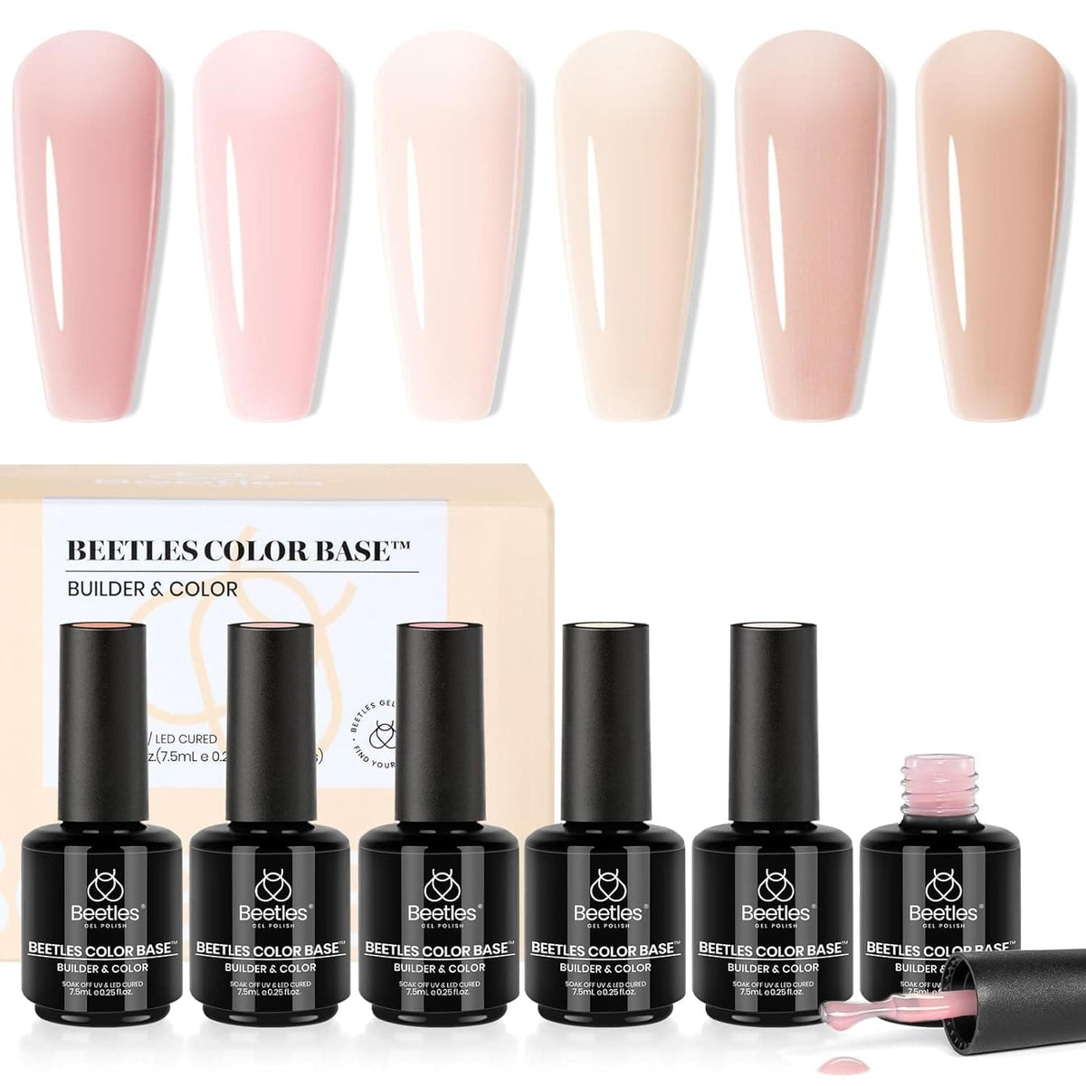 Beetles Color Base Gel Nail Polish, 6 Colors Nude Gel Polish Pink Nail Polish Peach Pink Nail Polish Neutral Sheer Colors Strengthener Soak off Nail Art Manicure DIY at Home Gift for Women