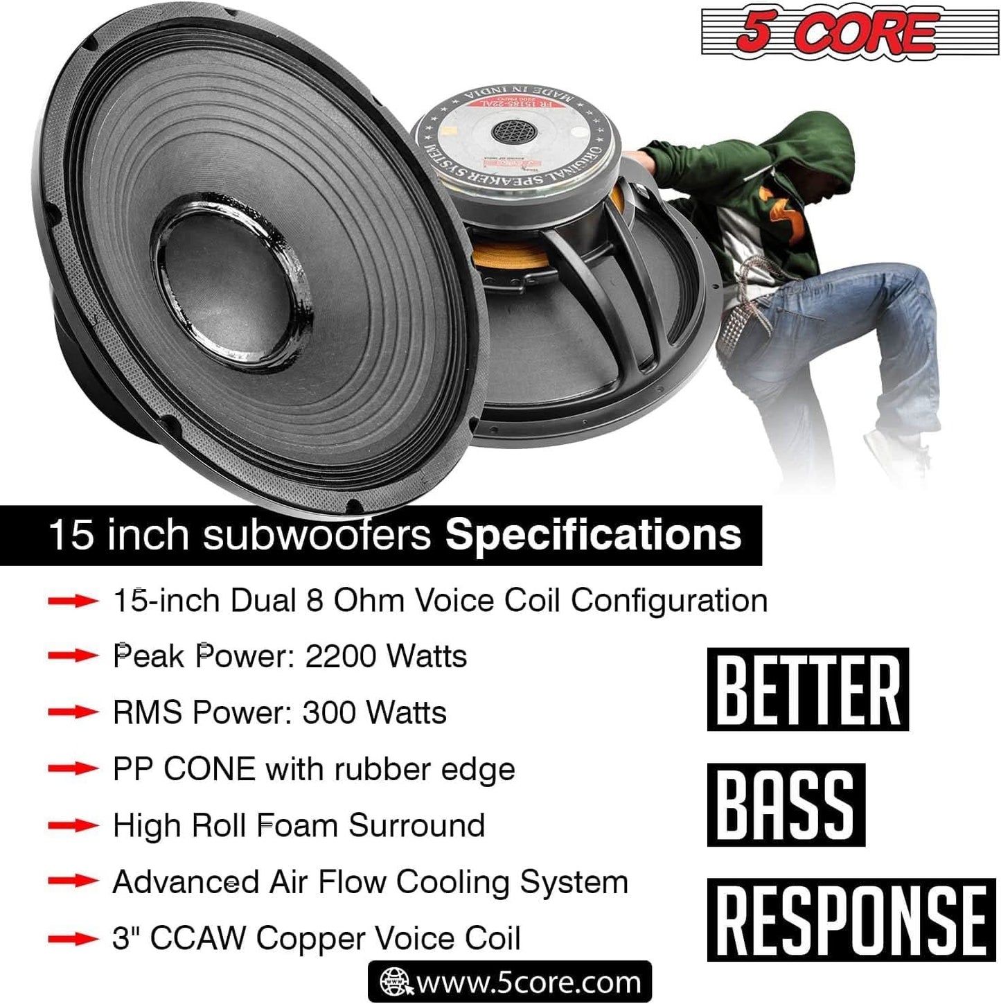 5 CORE 15 Inch Subwoofer Speaker 2200W Peak High Power Handling 300W