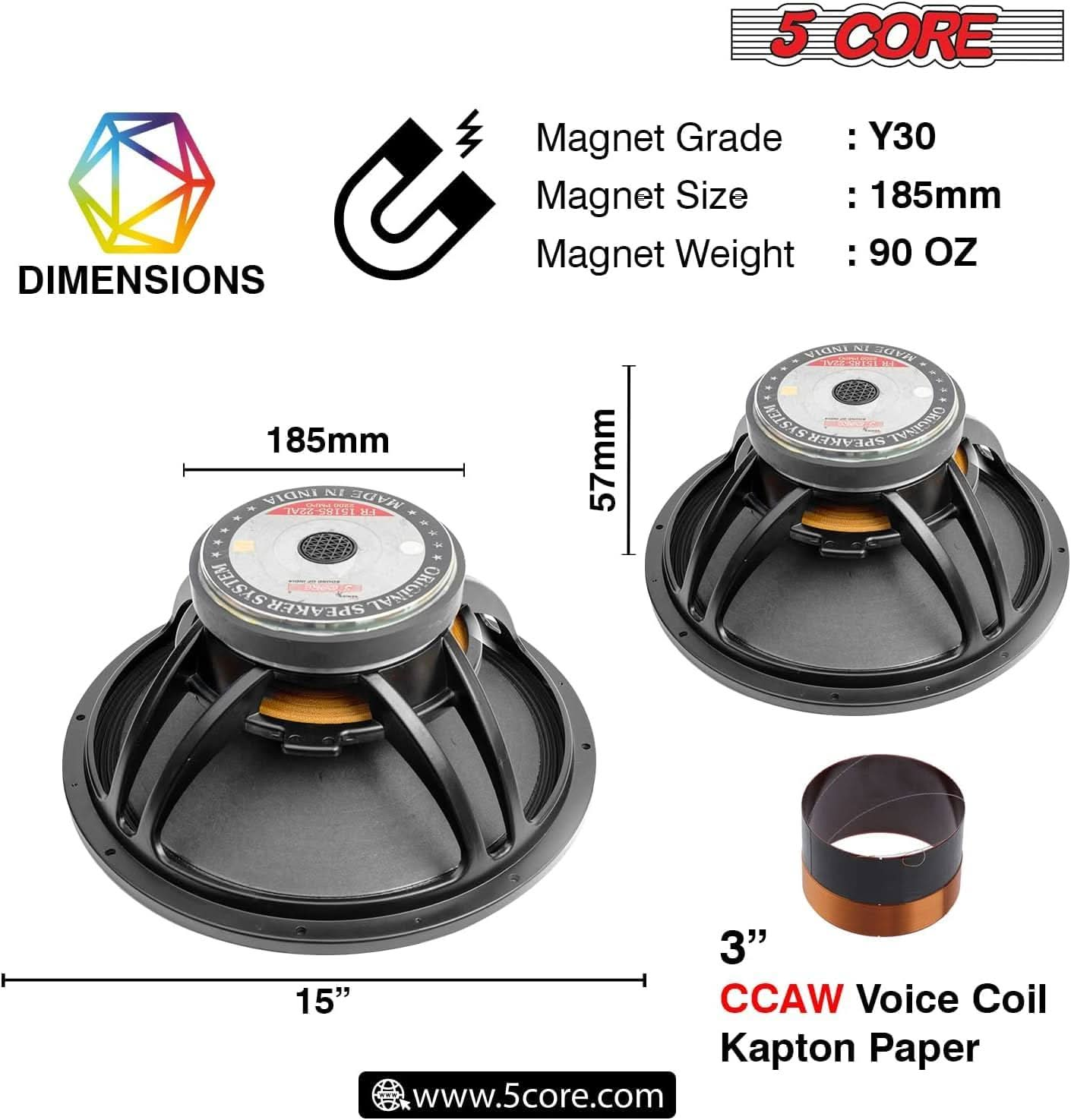 5 CORE 15 Inch Subwoofer Speaker 2200W Peak High Power Handling 300W