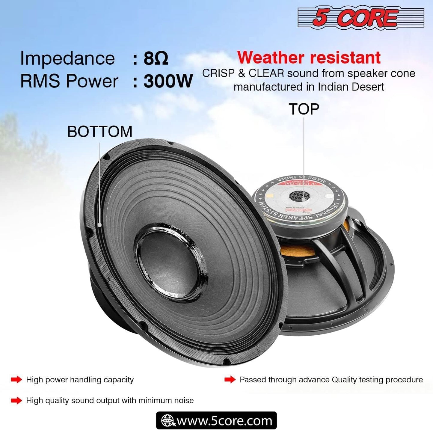 5 CORE 15 Inch Subwoofer Speaker 2200W Peak High Power Handling 300W