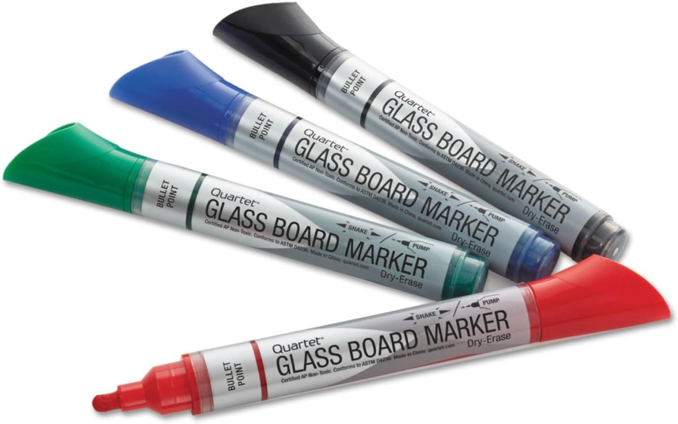 Quartet Glass Board Dry Erase Markers, Premium, Bullet Tip, Assorted Colors, 4 Pack (79552)