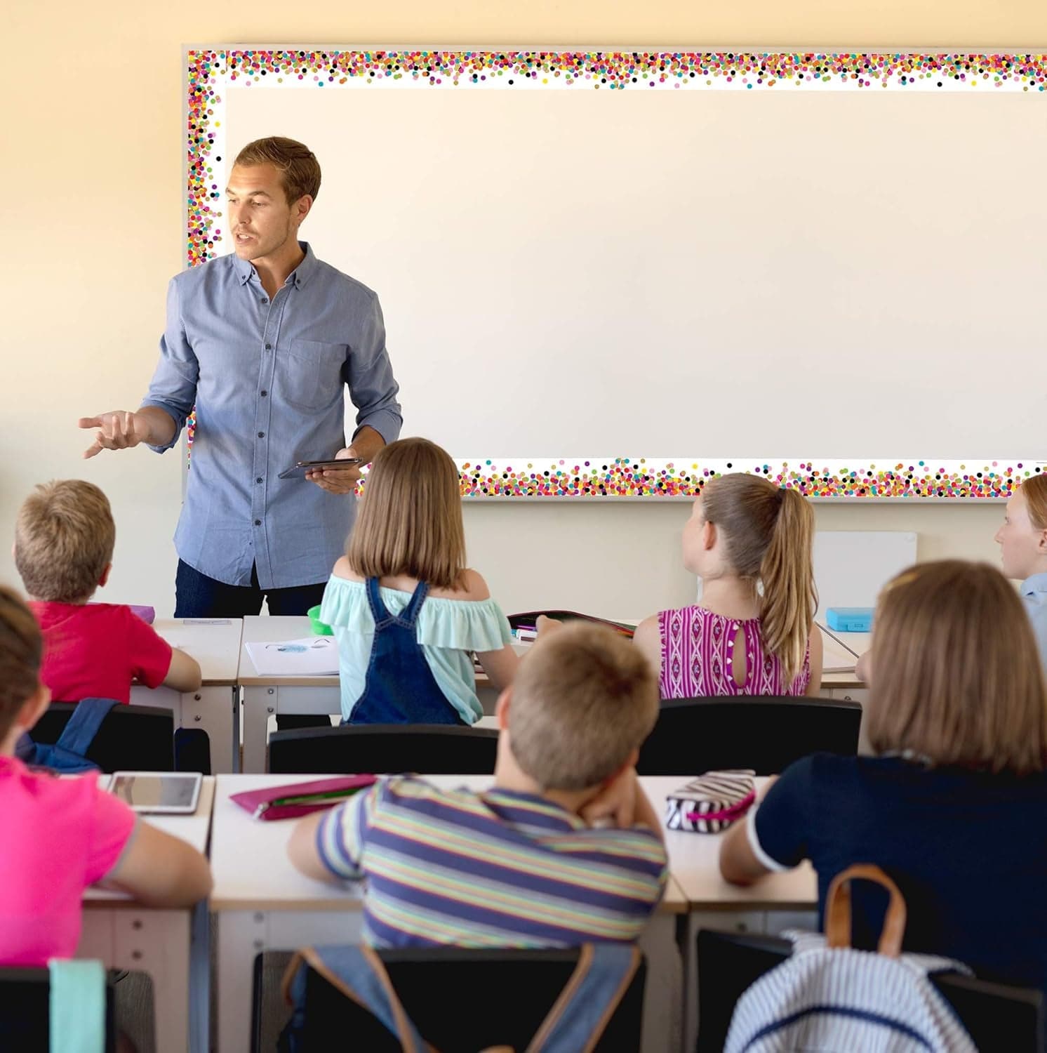 Teacher Created Resources Confetti Straight Rolled Border Trim - 50Ft - Decorate Bulletin Boards, Walls, Desks, Windows, Doors, Lockers, Schools, Classrooms, Homeschool & Offices