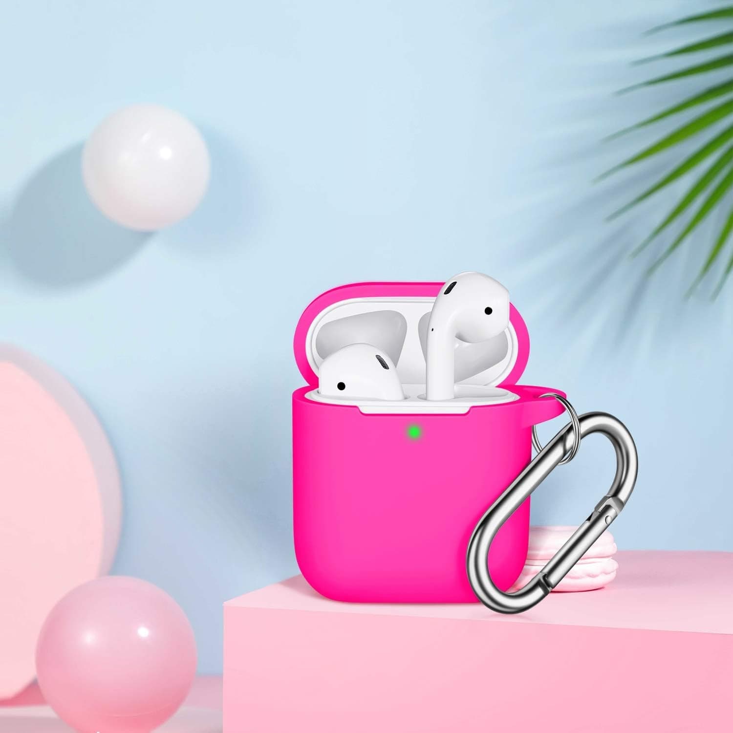 R-Fun Airpods Case Cover, Soft Silicone Protective Cover with Keychain for Women Men Compatible with Apple Airpods 2Nd 1St Generation Charging Case, Front LED Visible-Rose Pink