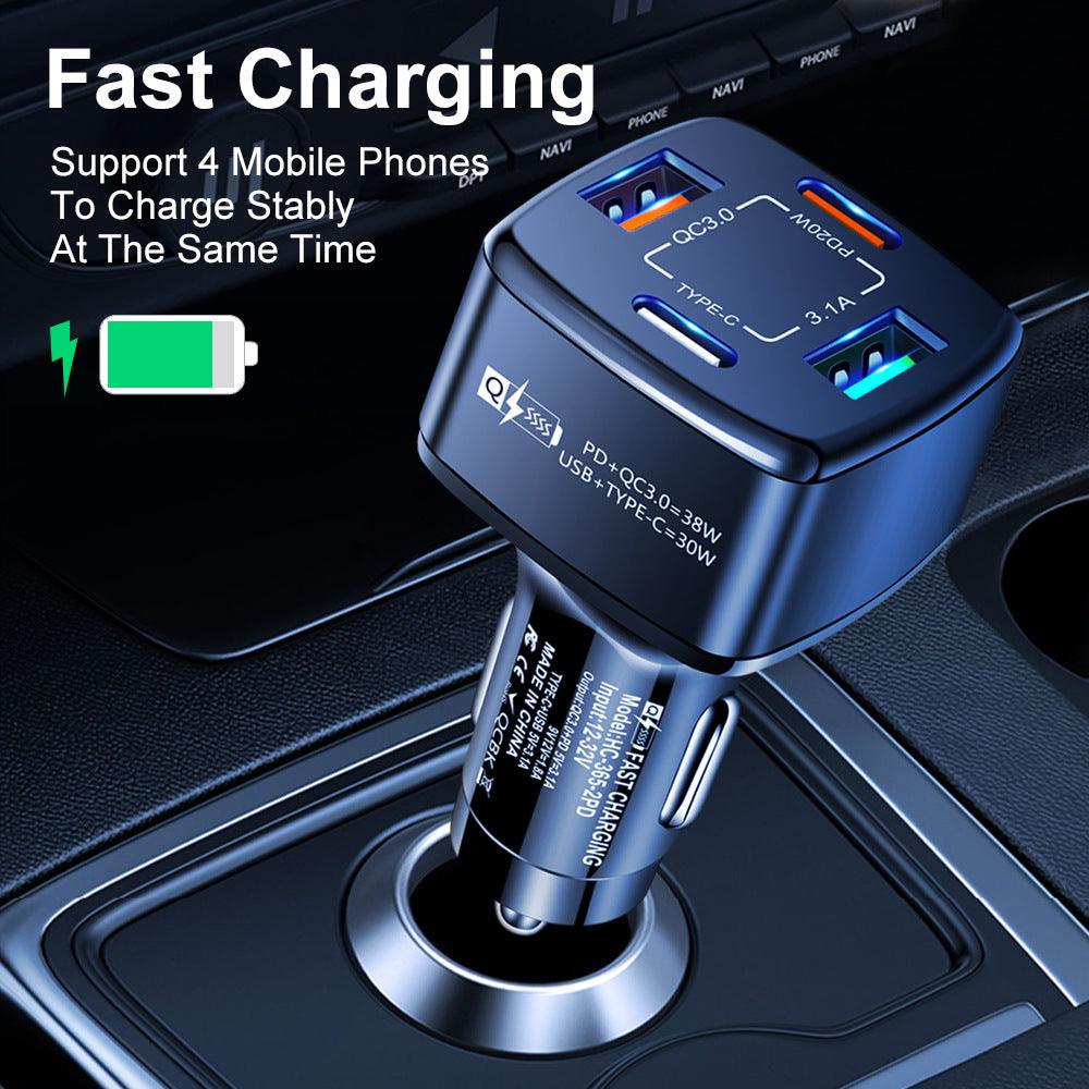 PBG White PD 4-Port Fast Car Charger with 10FT Zebra Style Wire iPhone