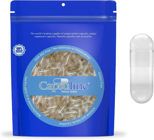 Capsuline Size 0 - Clear Empty Gelatin Capsules - 100 Count - Empty Gel Pill Capsules - DIY Pure Bovine Pill Capsule Filling - Empty Caps - Kosher, Gluten Free, Halal and Non-Gmo Certified (Clear)