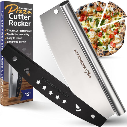 Kitchenstar 12" Pizza Cutter Rocker Razor Sharp Stainless Steel Slicer Knife with Blade Cover, Small + Dishwasher Safe - Premium Pizza Oven Accessories