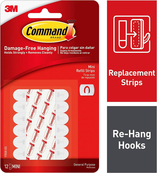 Command Mini Refill Adhesive Strips, Damage Free Hanging Wall Adhesive Strips for Mini Indoor Wall Hooks, No Tools Removable Adhesive Strips for Living Spaces, 12 White Command Strips