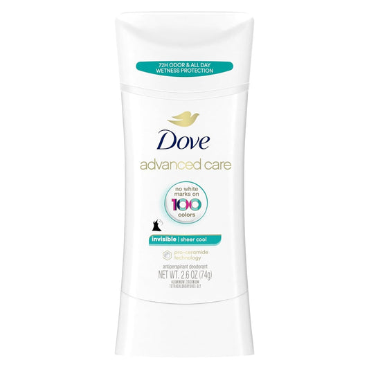 Dove Advanced Care Antiperspirant Deodorant Stick Sheer Cool Anti-Stain Antiperspirant Deodorant for Soft Underarms All-Day Sweat and 72-Hour Odor Protection 2.6 Oz