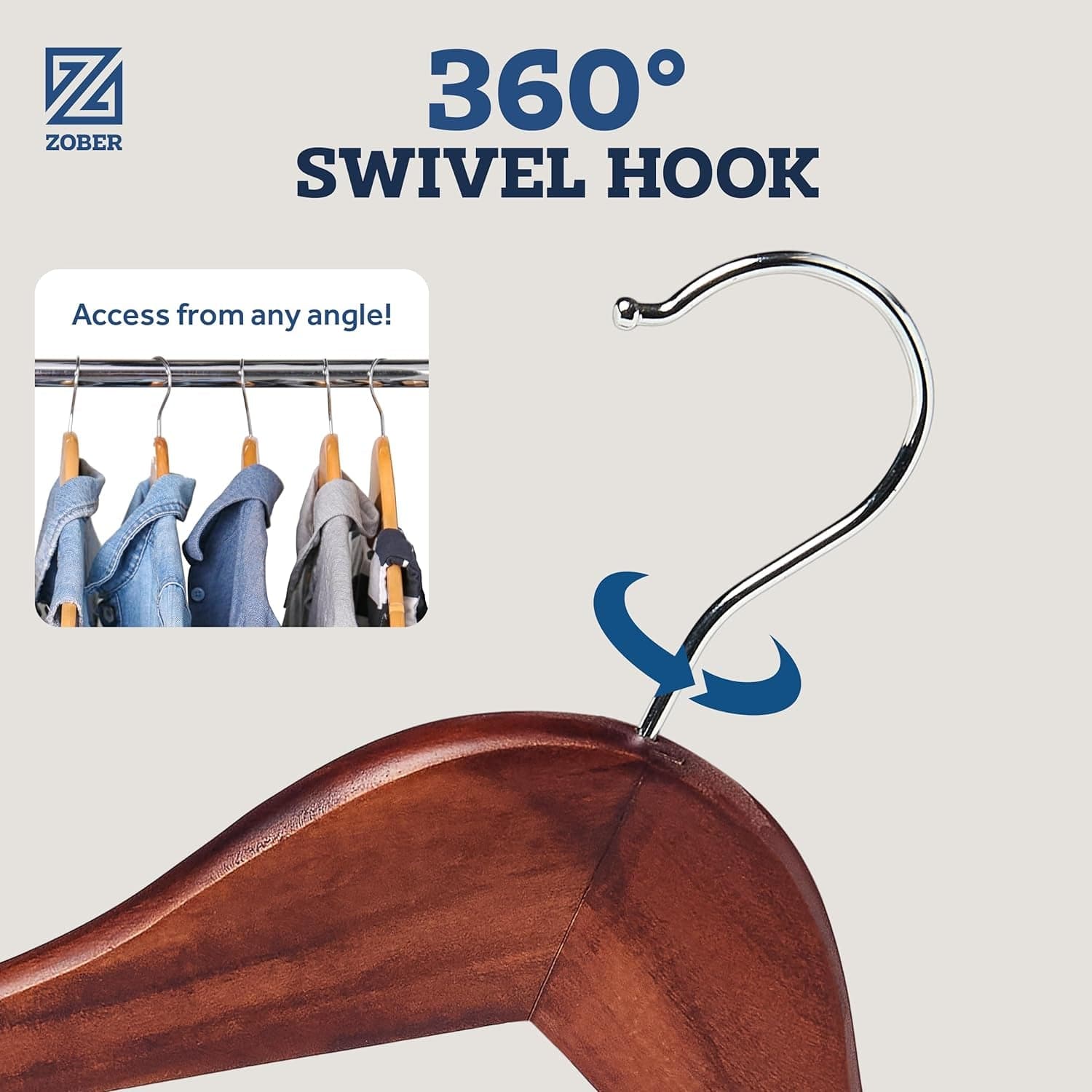 ZOBER Wooden Hangers - 20 Pack, Heavy Duty, Non Slip Wood Hangers for Coats, Jackets, Suits, & Pants - Clothes Hangers for Closet W/ Bar and Notches