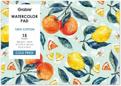 Grabie Watercolor Paper Pad, 100% Cotton Pulp, 15 Sheets, A5 (8.3 X 5.8"), 140Lb (300Gsm), Glue Bound, Acid-Free Cold Pressed Watercolor Paper, Art Supplies for Watercolor Techniques and Mixed Media