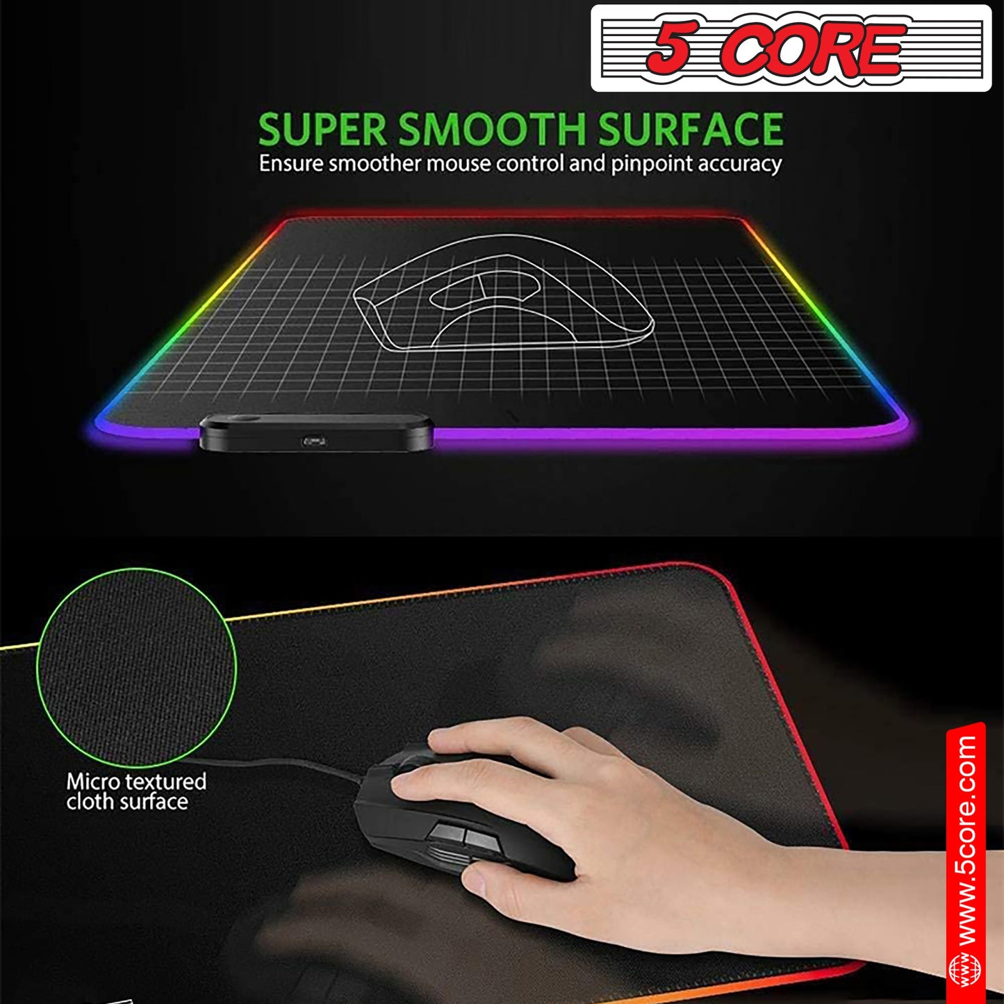 5Core RGB Mouse Pad 12 Light Modes Soft Padded Large Gaming Keyboard