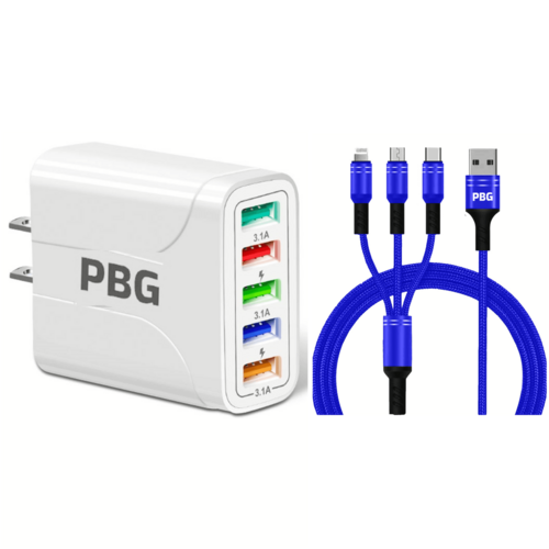 PBG White 5-Port LED Wall Charger & 3-in-1 Nylon Braided Fast Charging