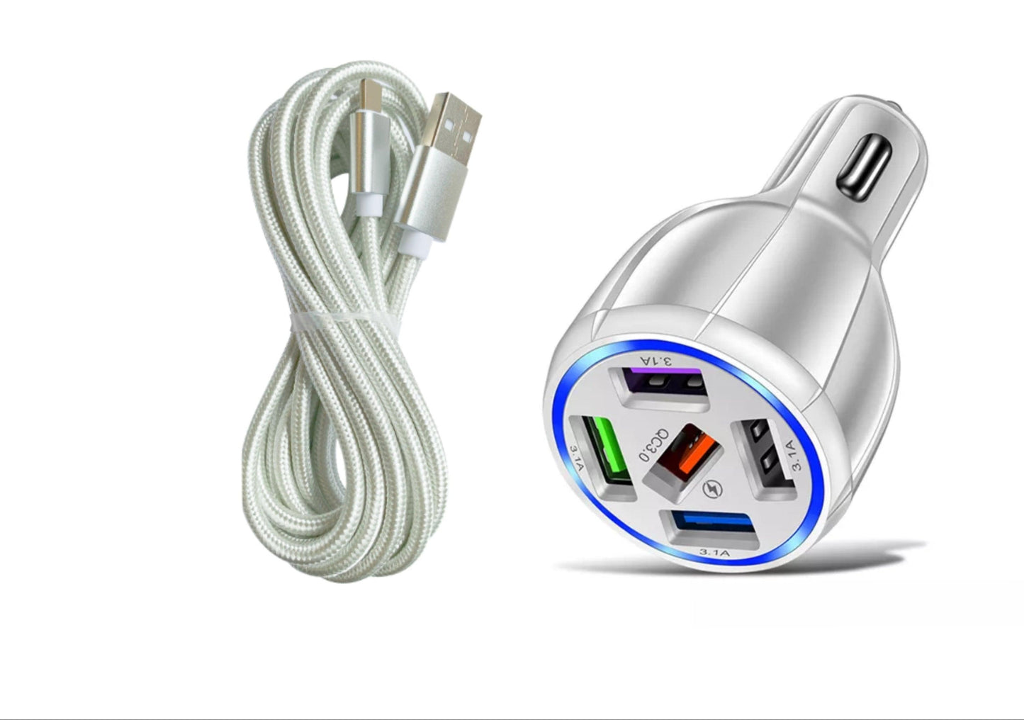 White 5-Port USB Fast Car Charger with LED, 10FT iPhone Cable - Quick