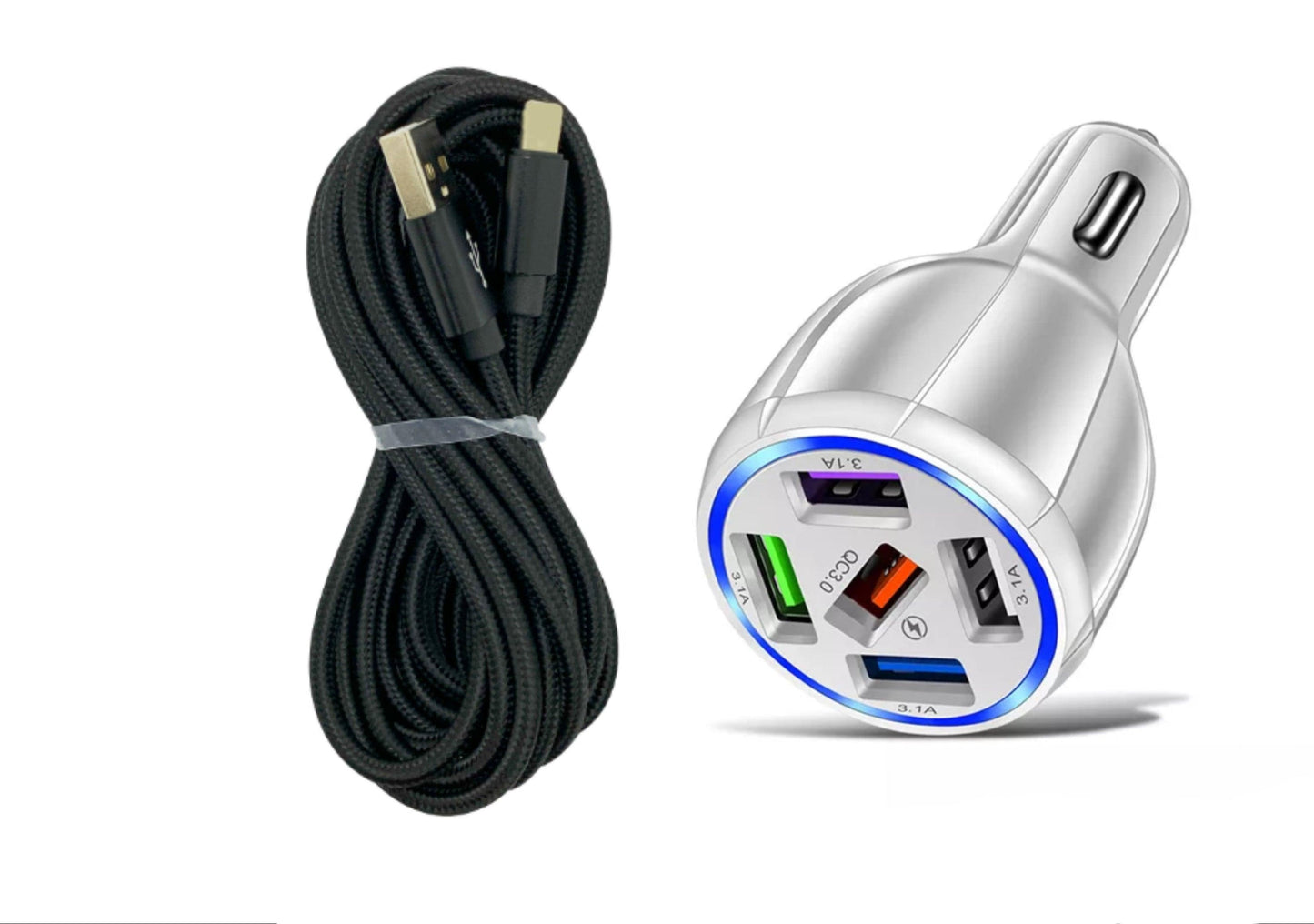 White 5-Port USB Fast Car Charger with LED, 10FT iPhone Cable - Quick