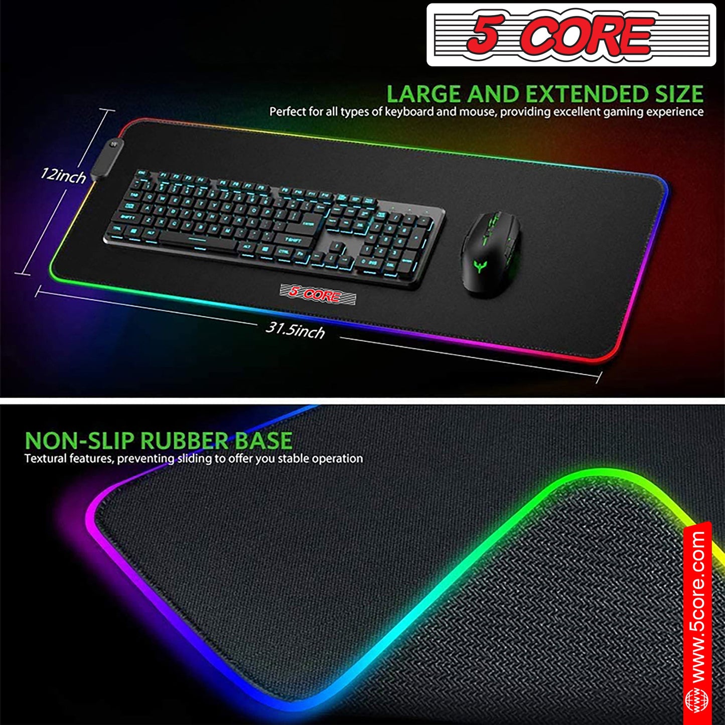 5Core RGB Mouse Pad 12 Light Modes Soft Padded Large Gaming Keyboard