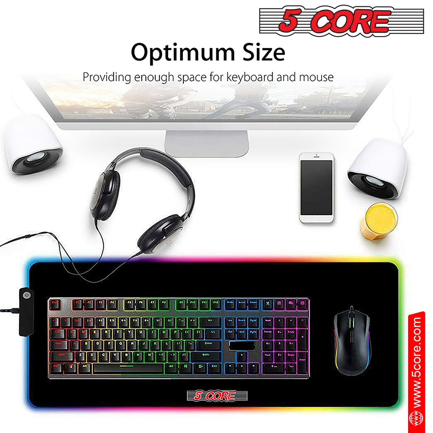 5Core RGB Mouse Pad 12 Light Modes Soft Padded Large Gaming Keyboard